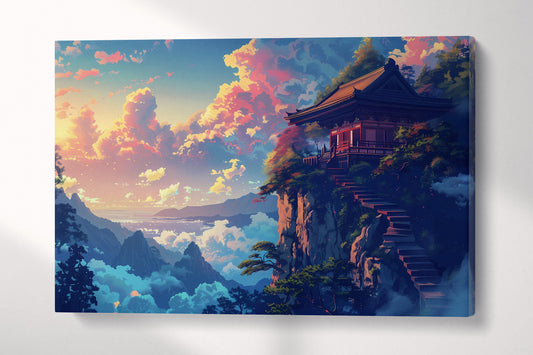 Temple in the Clouds Japanese Sunset Eco Leather Wall Art Canvas Print Single Panel