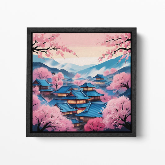 Cherry Blossom Village in Japan Wall Art Canvas Eco Leather Print Black Frame