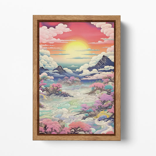 Vibrant Sunset Over Pastel Clouds & Cherry Trees Japanese Style Wall Art Eco Leather Canvas Wall Decor Print Wood Frame
