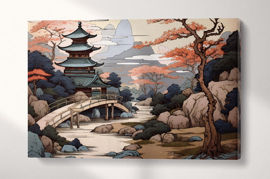 Japanese Temple by the Enchanted River in Soft Tones Canvas Home Art Wall Decor Eco Leather Print Single Panel