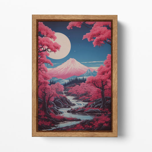 Moonlit Sakura Landscape Japanese Ukiyo-e Style Wall Art Eco Leather Canvas Wall Decor Print Wood Frame