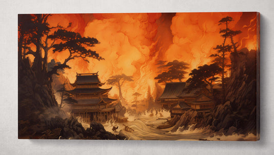 Flames of Eternity Japanese Temple Under Fiery Skies Framed Art Print Wall Decor on Eco Leather Canvas Single Panel
