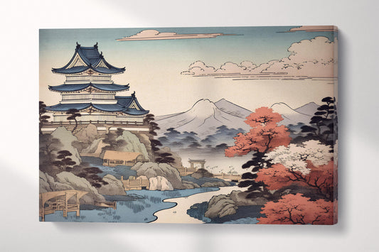 Japanese Pagoda & Mountain View Ukiyo-e Eco Wall Art Eco Leather Home Decor Canvas Print Single Panel