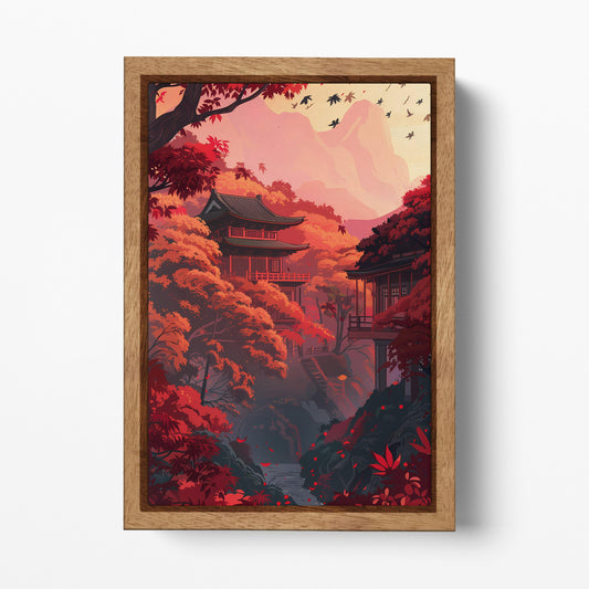 Serenity in Scarlet Japanese Autumn Wall Art Eco Leather Canvas Wall Decor Print Natural Frame