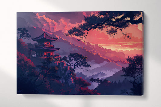 Japanese Red Mountain Sunset Wall Art Eco Leather Home Decor Canvas Print Single Panel