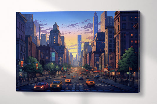 Sunset Glow Over New York Streets Artwork Wall Art Eco Leather Canvas Print Single Panel