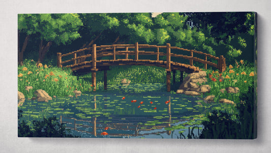 Pixel Impressionism: Monet-Inspired Bridge Over a Lily Pond Wall Art Canvas Print Single Panel