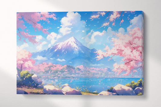 Blossom Serenity: Sakura and Mountain Bliss - Japan Style Canvas Wall Art Single Panel