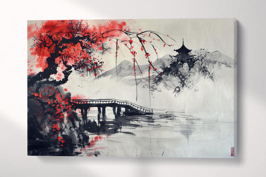 Japanese Ink Art Bridge Red Tree Canvas Wall Art Eco Leather Print Single Panel