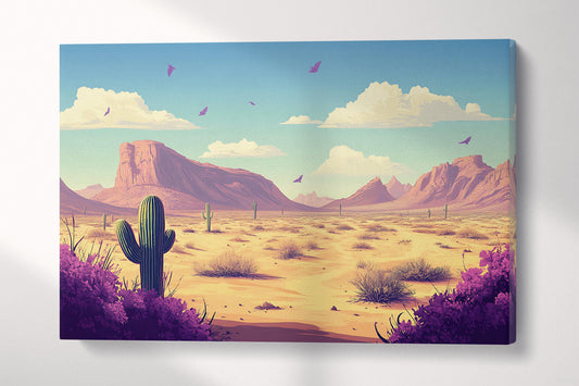Southwest Desert Purple Flowers Cartoon Scene Wall Art Eco Leather Home Decor Canvas Print Single Panel