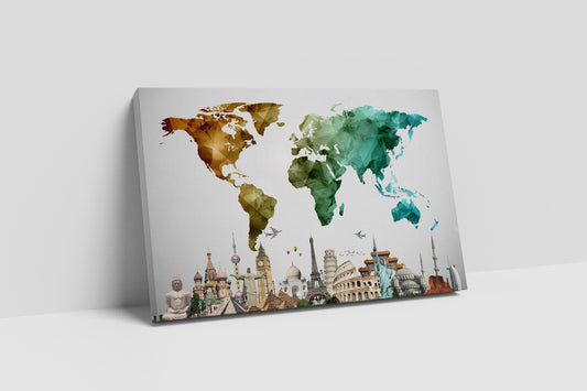 Color World Map Vector with Monuments Wall Art Canvas Eco Leather Print Wall