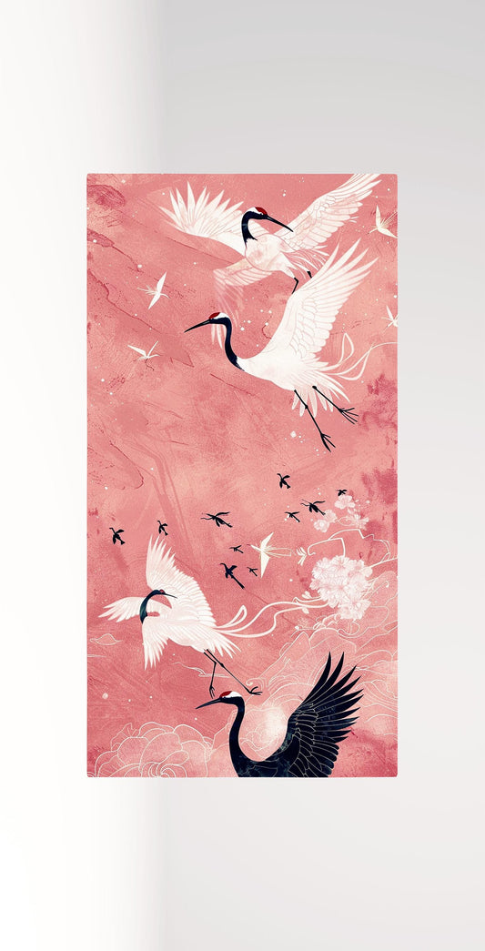 Elegant Flight of Cranes Pink Background Canvas Wall Art Eco Leather Print