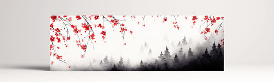 Japanese Black Forest Red Sakura Landscape Wall Art Framed Eco Leather Canvas Print 100x30 cm