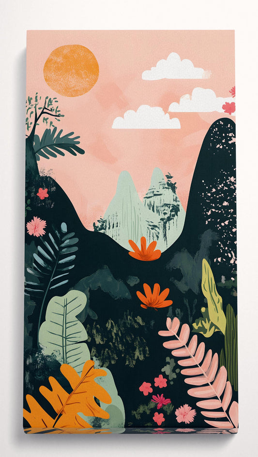 Colorful Landscape Abstract Mountain Sunset Wall Art Canvas Vegan Leather Print 3D Front
