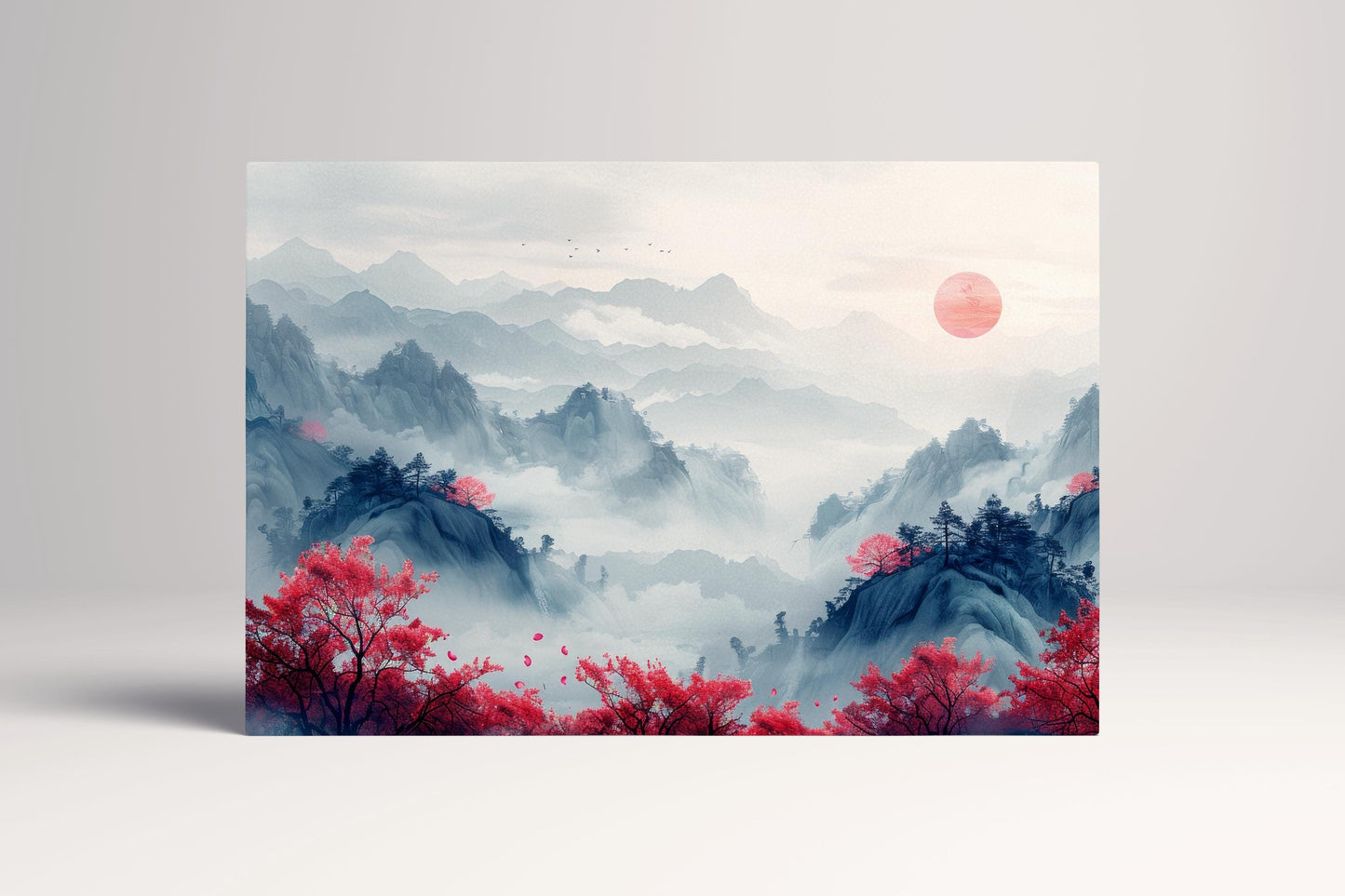 Ukiyo-e Mist: Red Blossoms and Mountainscape Artwork Canvas Wall Art Eco Leather Print, Made in Italy!