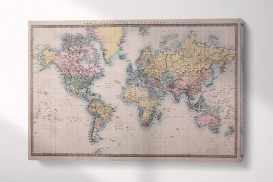 1860 World Map Mercator's Projection Historical Wall Art Vintage Cartography Print on Eco-Leather Single 3D