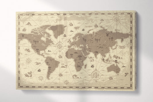 Fantasy World Map Sea Monsters Kids Room Wall Art Pirate Nursery Print on Eco-Leather Single 3D