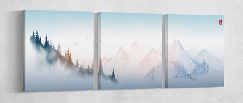 Japanese Mountain Blue Tones Landscape Wall Art Framed Canvas Print