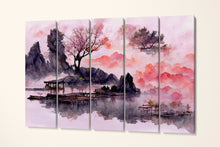 Load image into Gallery viewer, Pink Japanese Style Artwork Forest Lake Mountain 5 panel canvas print
