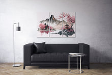 Charger l&#39;image dans la galerie, Paysage minimaliste du Japon en rose oriental à l&#39;encre murale encadrée sur toile, fabriquée en Italie.