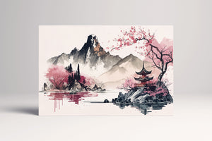 Paysage minimaliste du Japon en rose oriental à l'encre murale encadrée sur toile, fabriquée en Italie.