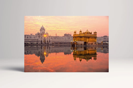 Goldener Tempel Sri Harmandir Sahib, Amritsar, Punjab, Indien bei Sonnenuntergang Leinwand-Ökolederdruck