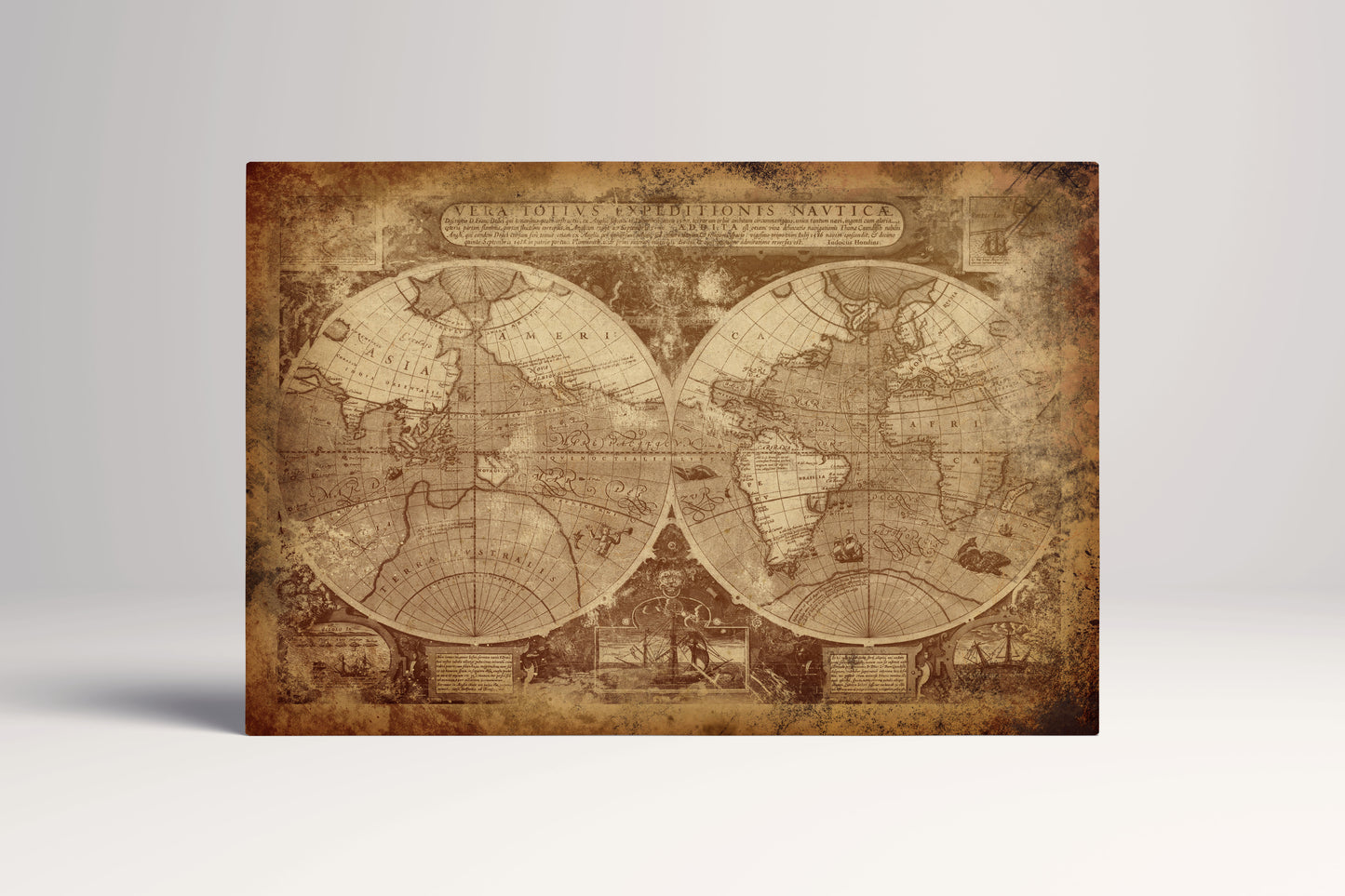 Cartina del Mondo vintage in emisferi canvas su ecopelle