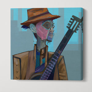 The Old Guitarist Steam Punk Edition di Pablo Picasso stampa su ecopelle con cornice premium