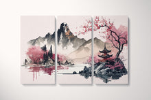 Charger l&#39;image dans la galerie, Paysage minimaliste du Japon en rose oriental à l&#39;encre murale encadrée sur toile, fabriquée en Italie.