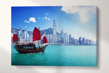 Carica l&#39;immagine nel visualizzatore di Gallery, Hong Kong Harbour and Junk Boat Framed Canvas Leather Print