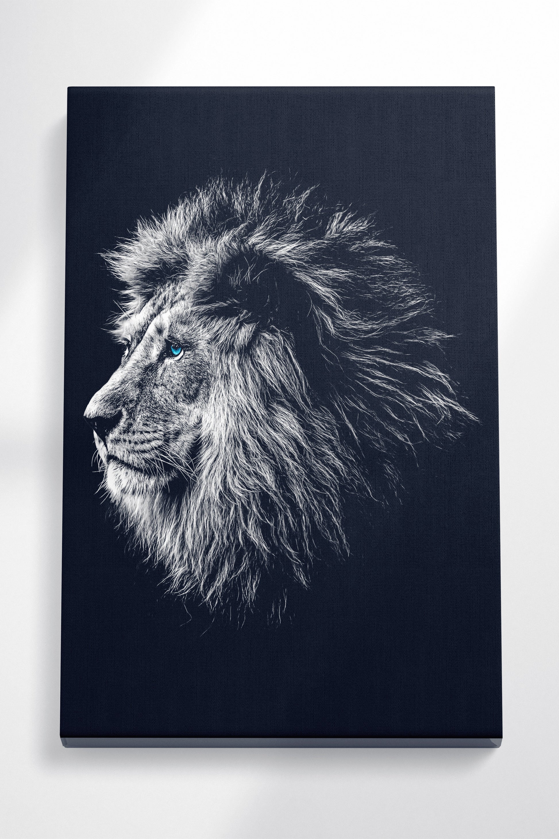Blue Eye Lion Portrait Framed Canvas Eco Leather Print