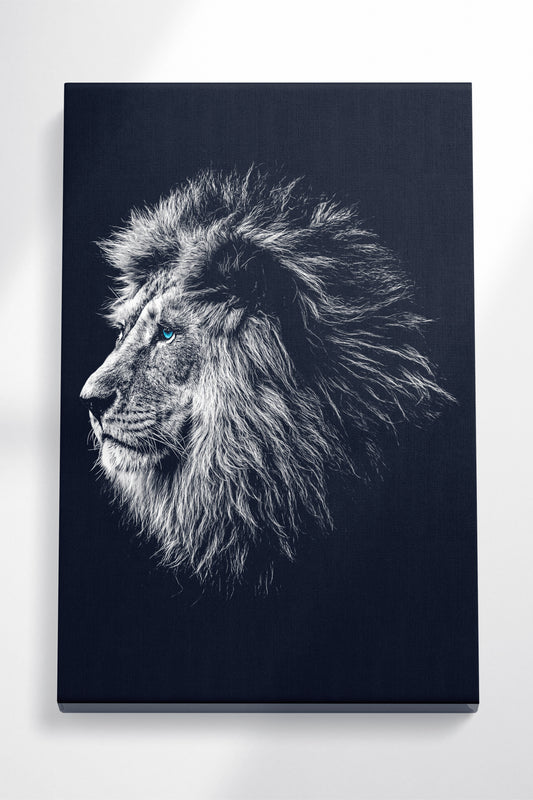 Blue Eye Lion Portrait Framed Canvas Eco Leather Print
