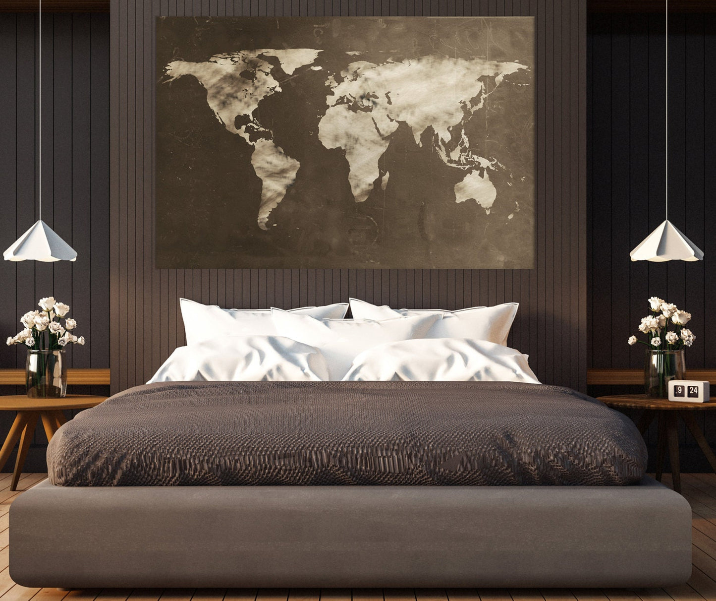 Large World Map Chalkboard Effect Framed Canvas Leather Print