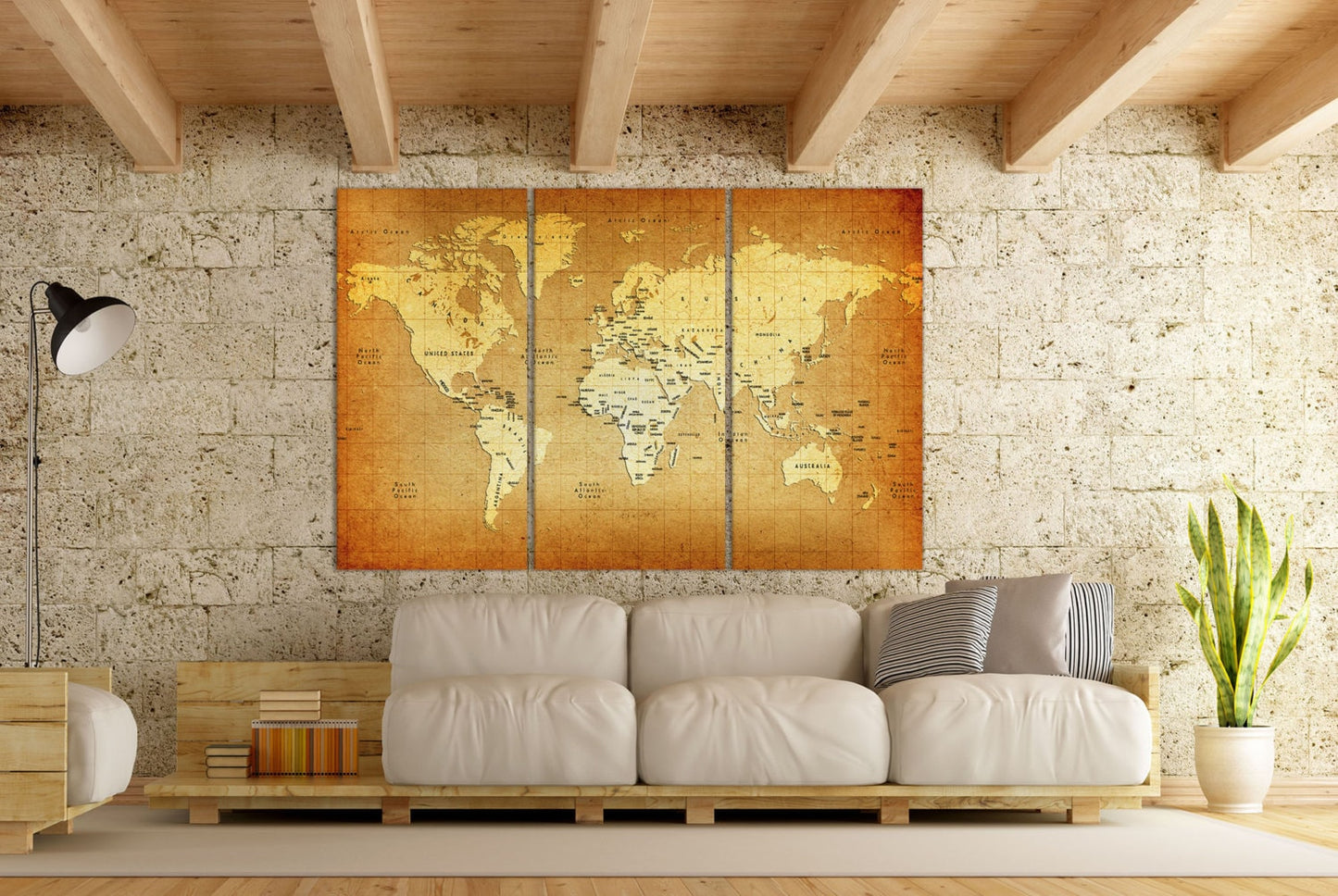 Detailed Old World Map Framed Canvas Leather Print
