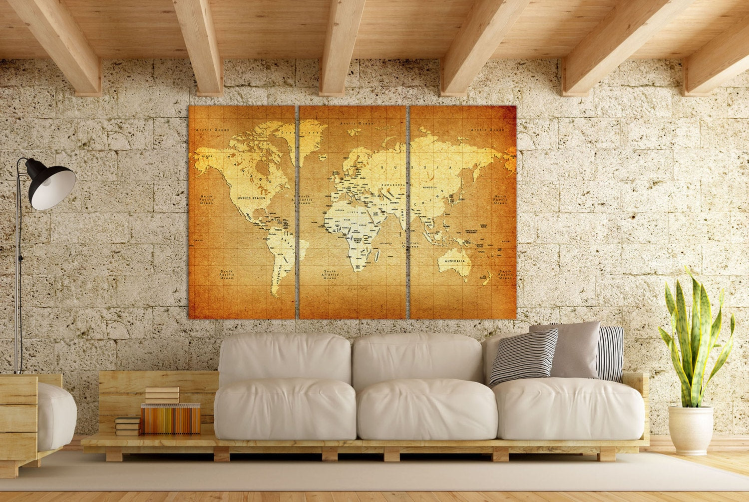 Detailed Old World Map Framed Canvas Leather Print