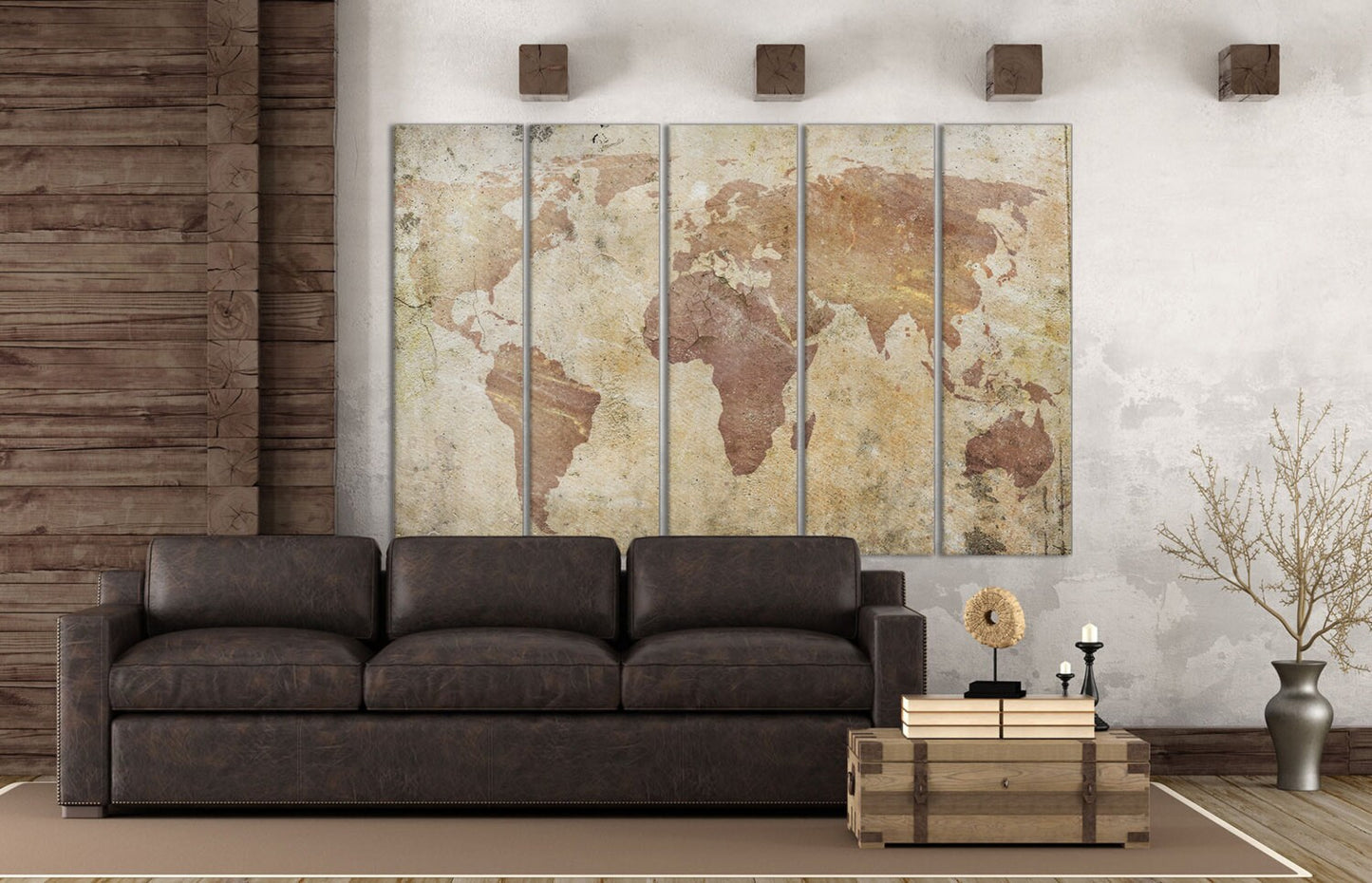 Cracked World Map Framed Canvas Leather Print