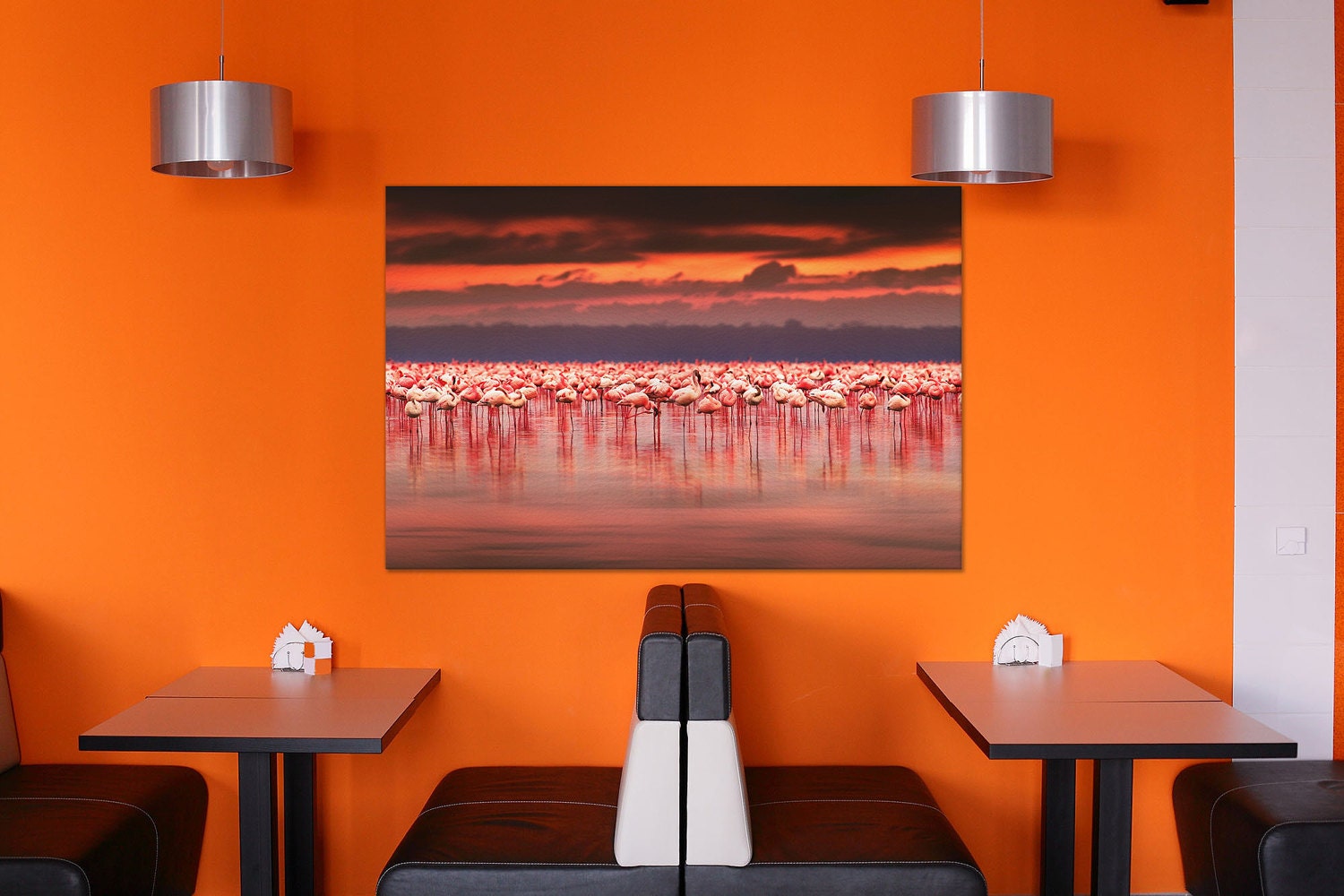 Flamingos at Sunset Framed Canvas Leather Print