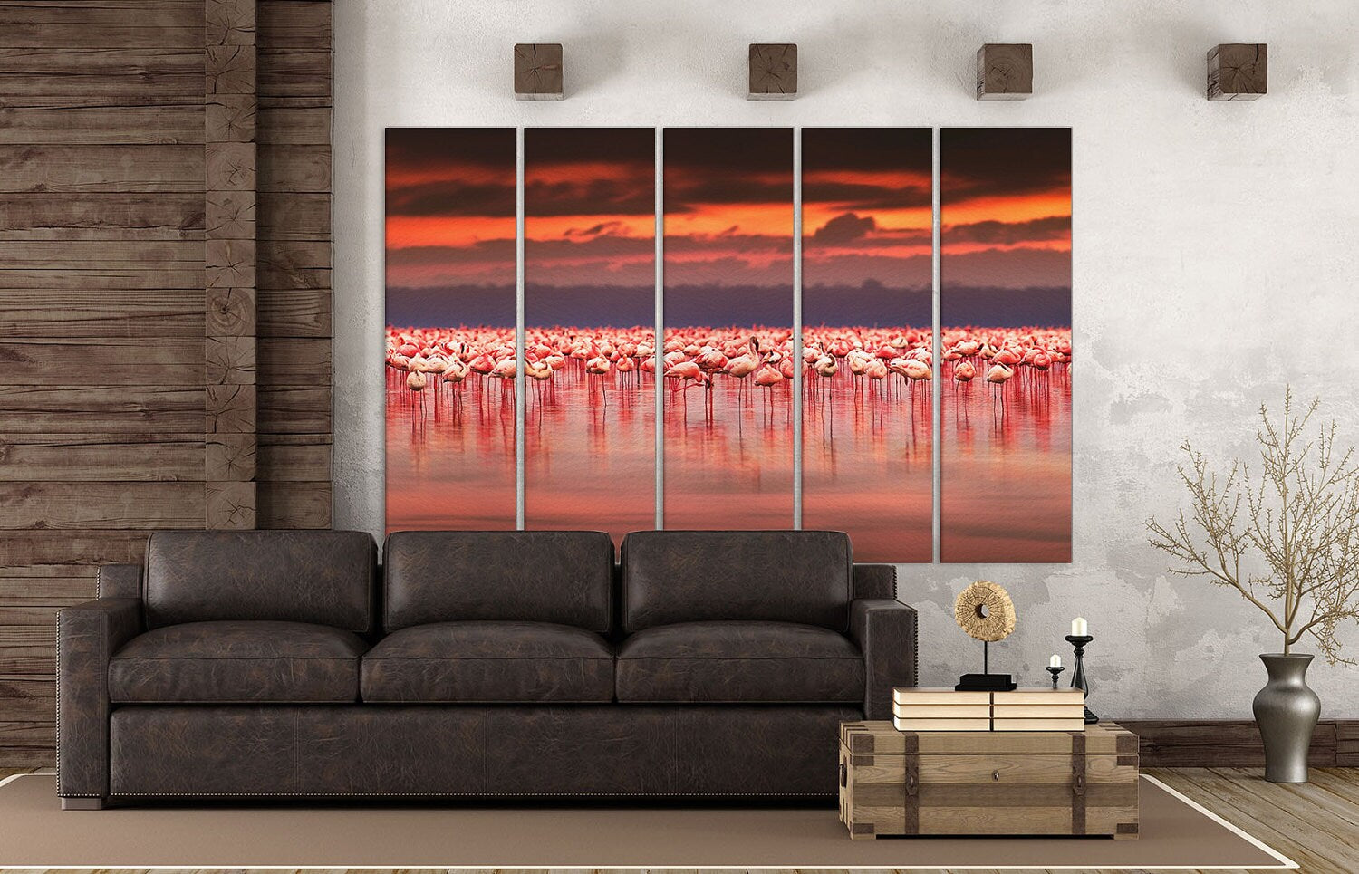 Flamingos at Sunset Framed Canvas Leather Print