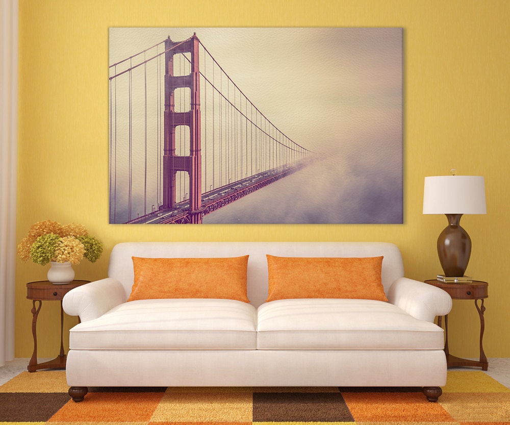 Golden Gate Foggy Day Framed Canvas Leather Print