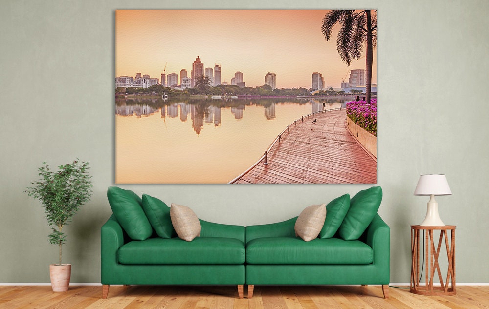 Bangkok Building at sunrise, Benjakiti Park ,Thailand Framed Canvas Leather Print