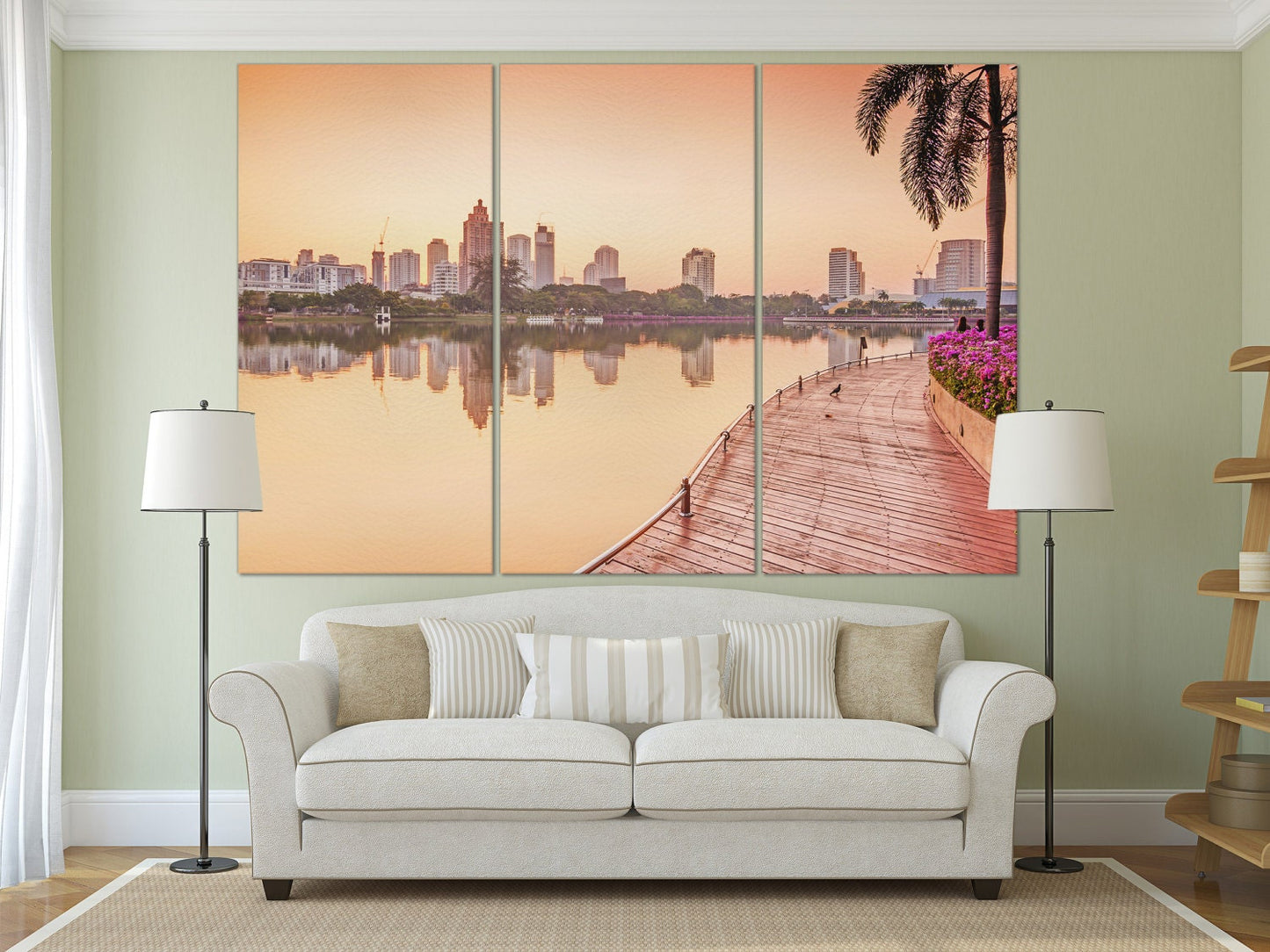 Bangkok Building at sunrise, Benjakiti Park ,Thailand Framed Canvas Leather Print