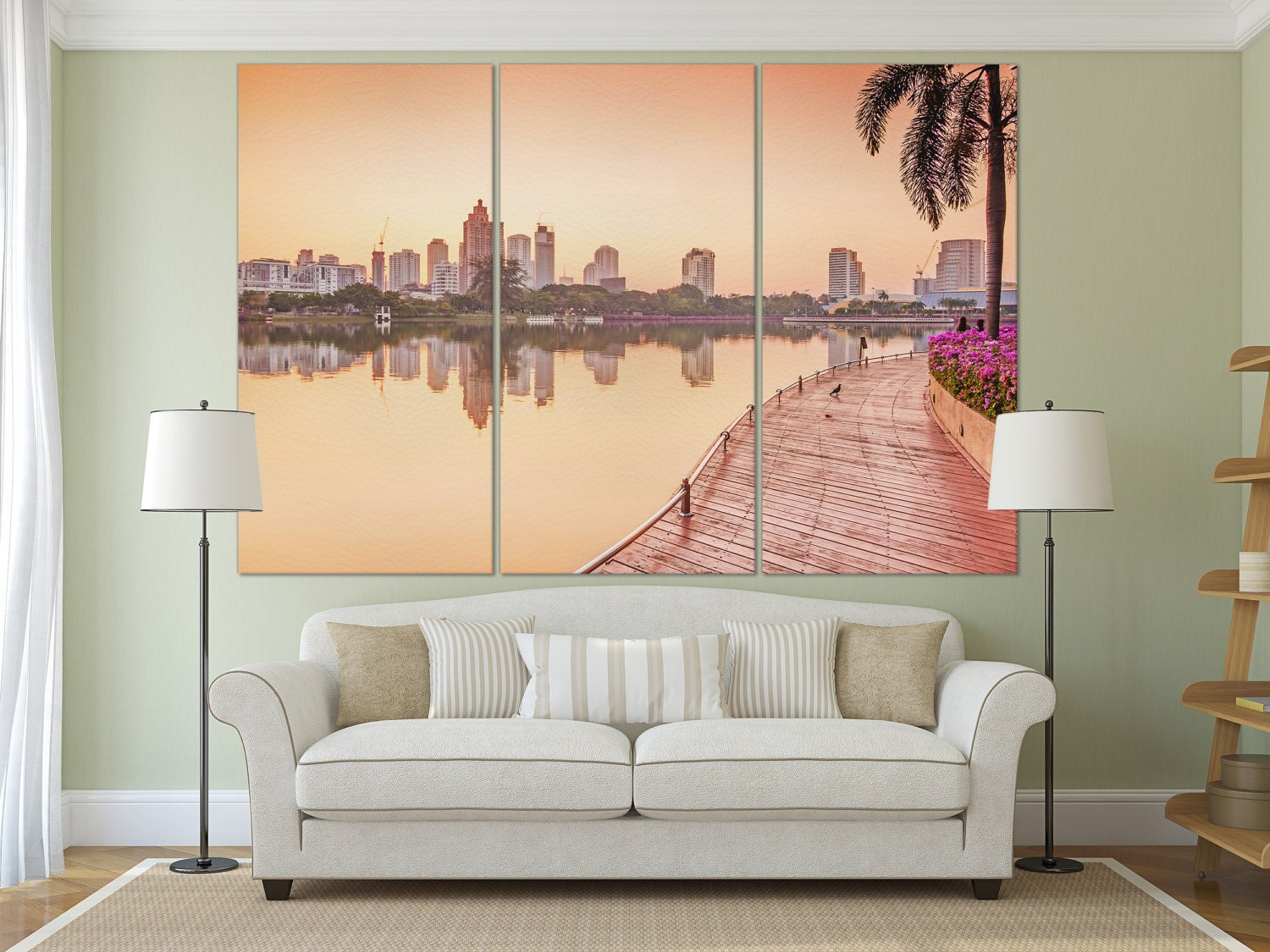 Bangkok Building at sunrise, Benjakiti Park ,Thailand Framed Canvas Leather Print