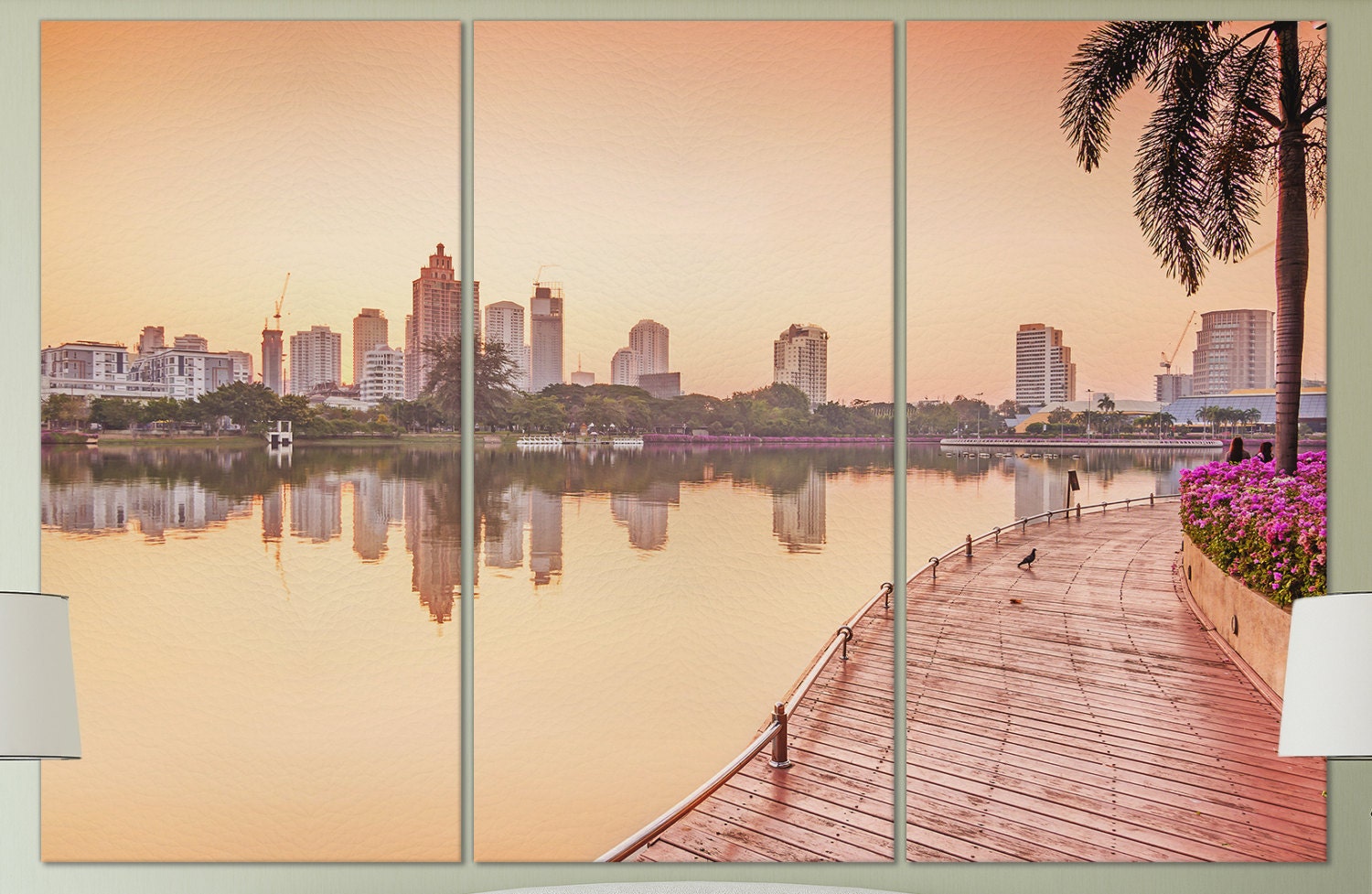 Bangkok Building at sunrise, Benjakiti Park ,Thailand Framed Canvas Leather Print