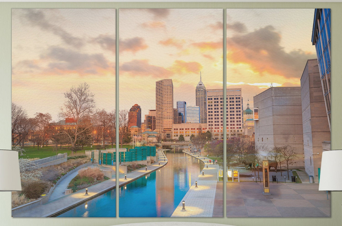 Indianapolis Skyline at Twilight Framed Canvas Leather Print