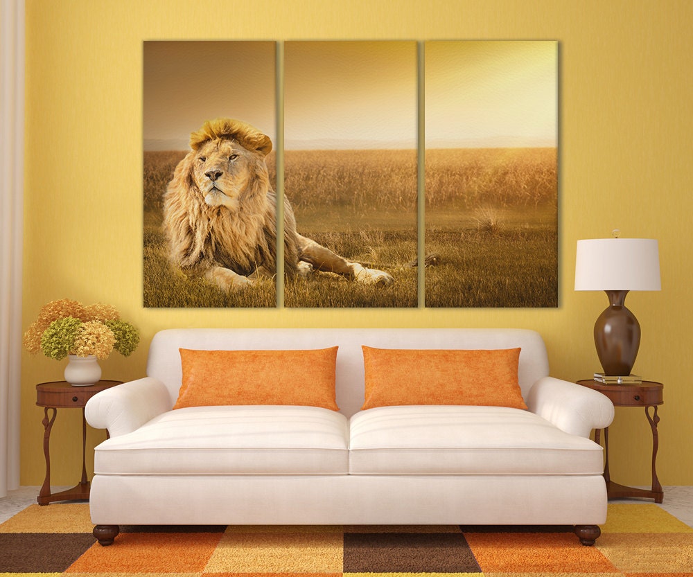 Lion in the Grass Artwork Wall Art Vegan Leather Canvas Print Ready to Hang