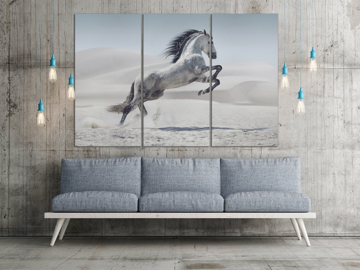 Wild white horse in dust framed canvas leather print