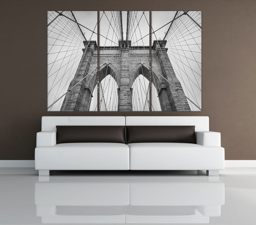 Brooklyn Bridge Closeup Black&White Framed Canvas Leather Print