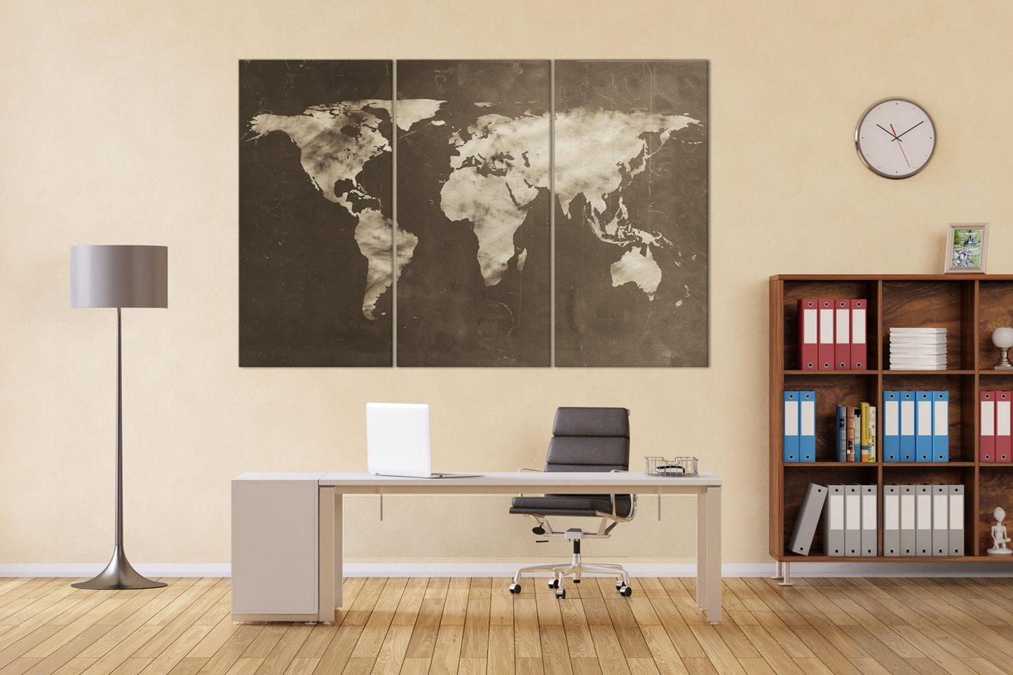Large World Map Chalkboard Effect Framed Canvas Leather Print