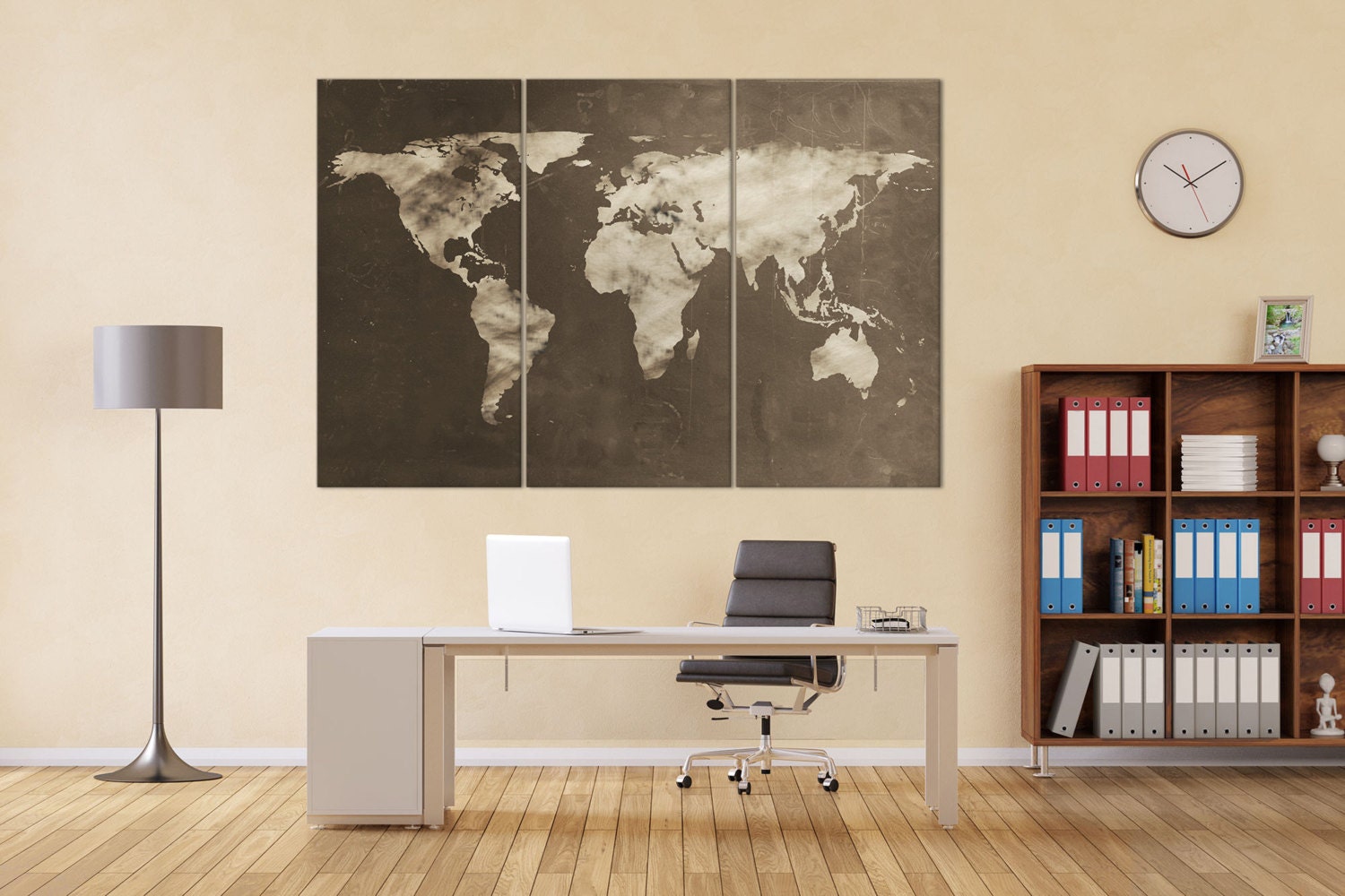 Large World Map Chalkboard Effect Framed Canvas Leather Print