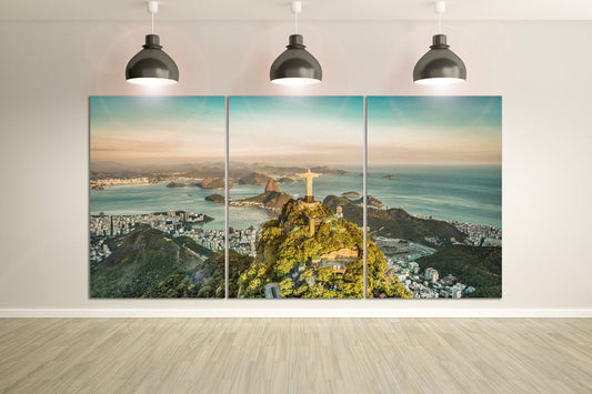 Christ the Redeemer Statue Botafogo Bay Framed Canvas Leather Print